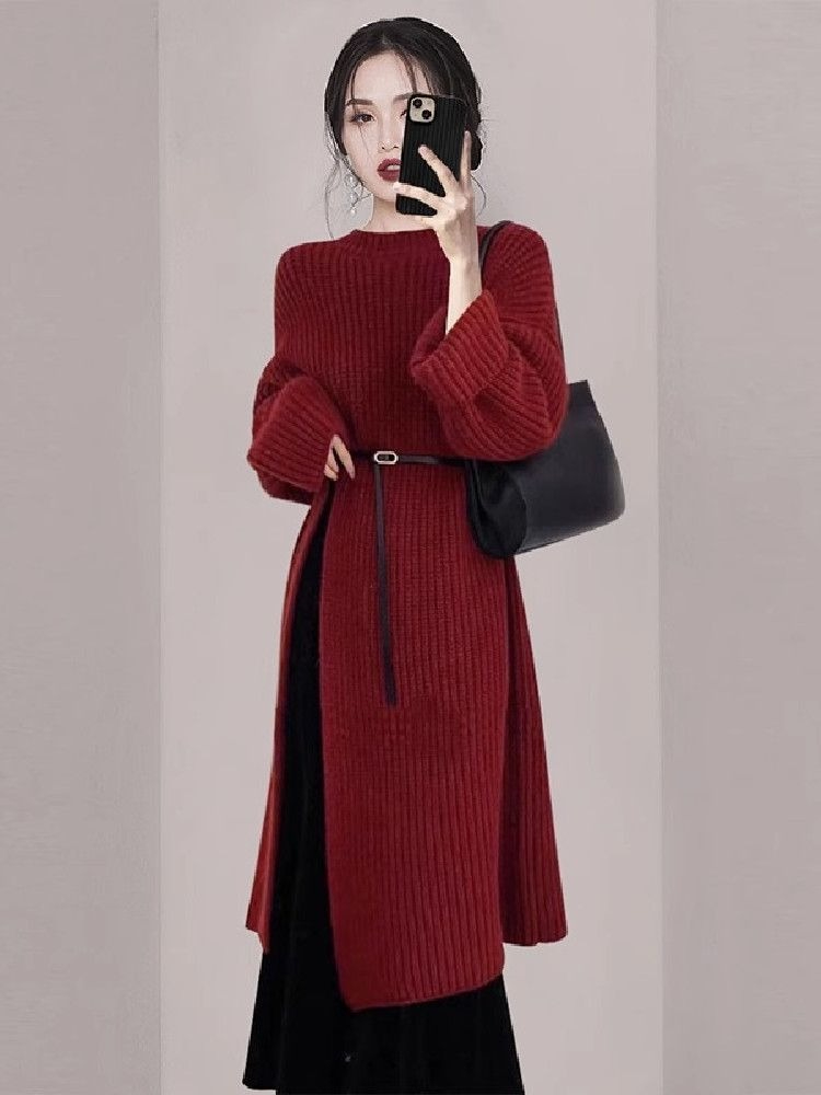 Women'S Red Formal Wear - 여성 우아한 레드 니트 드레스 가을
