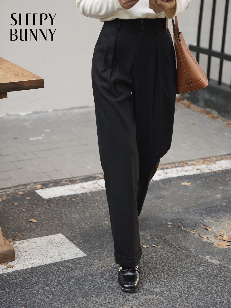 Tailored Trouser Wide - 여성용 하이웨이스트 울 느낌 바지 두꺼운