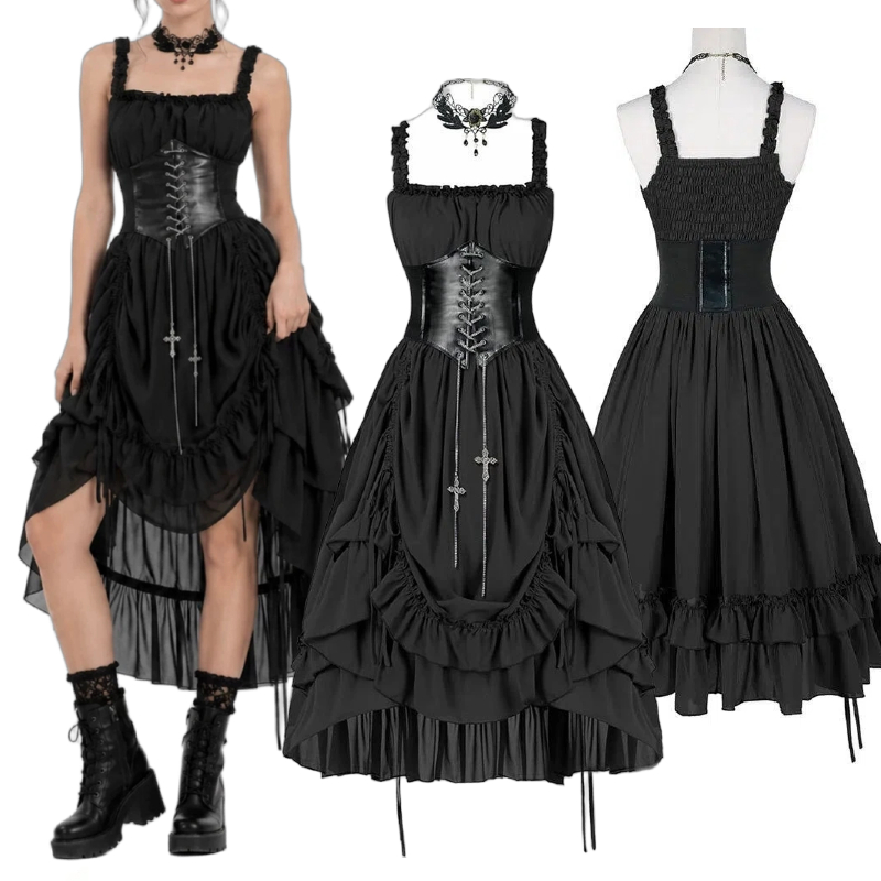 여성 고딕 드레스 코르셋 슬립 블랙 펑크 로리타 불규칙 - Midi Dress 리뷰 및 가격