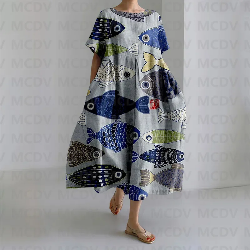 일본 빈티지 피쉬 아트 프린트 여성, 캐주얼 미디 원피 - Midi Dress 리뷰 및 가격
